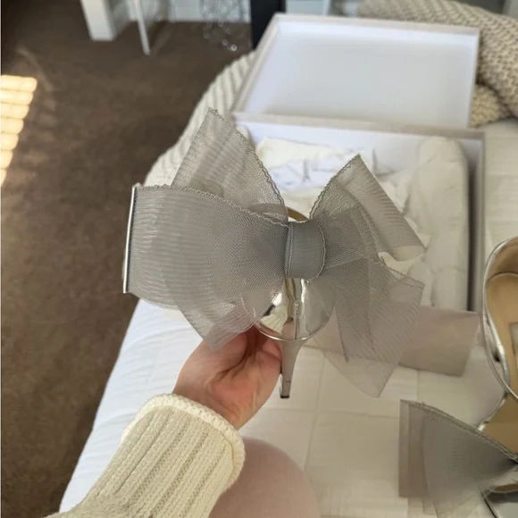 Jimmy Choo Silver Metallic Mesh Bow Slingback Heels - Picture 5 of 9